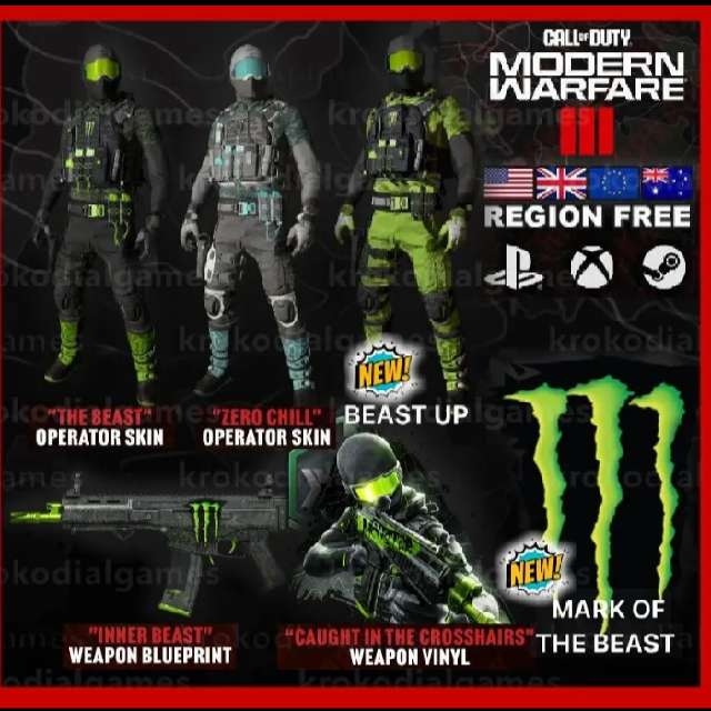 CodeCall of Duty Modern Warfare 3 Monster Energy Full Set Of 8 Codes Skins COD MW3 Game Items