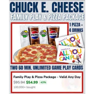 Chuck E. Cheese- Family Play & Pizza Package ⚡Instant delivery⚡