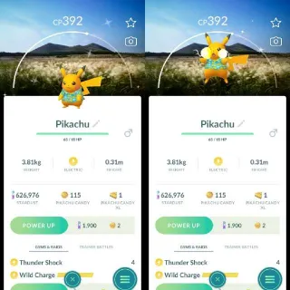 Shiny Pikachu Blue Shirt Jeju Island Background - 20K Dust Trade Pokemon Go