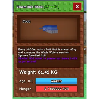 VENOM BLUE WHALE GROW A GARDEN 60KG+ LVL 100