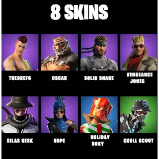 FORTNITE: TheGrefg | Oscar | Solid Snake | Vengeance Jones | Silas Hesk | Hope | Holiday Boxy | Skull Scout - ACCOUNT