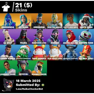 Fortnite 21 skins: Andromeda | Katalina | Omegarok | Spectra Knight | Xander | Santa Dogg | Lil Split | Felina... - Account