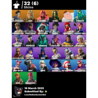 Fortnite 32 skins:  Ascendant Midas | Zeus | Valeria | Hades | Peter Griffin | Poseidon | Solid Snake... - Account