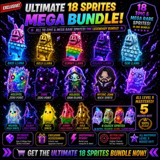 Mastered New 18 Sprites Bundle - All Peely, All Llamas + Cube and Holo Zero Point, Holofoil Grim + 4 Quack Sprites!