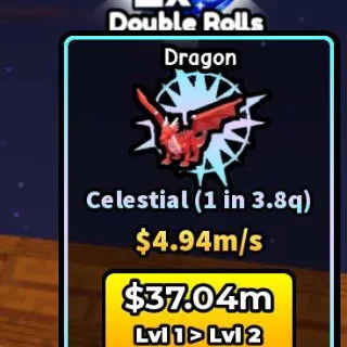 10x Dragon
Celestial (1 in 3.8q)

$4.94m/s - Build a Base and Steal😈