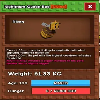 NIGHTMARE QUEEN BEE 60KG - GROW A GARDEN
