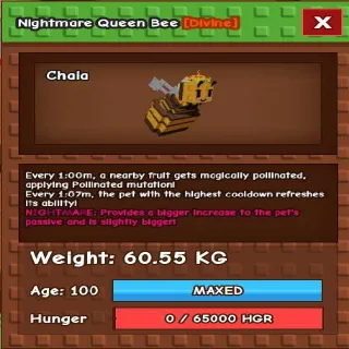 NIGHTMARE QUEEN BEE 60KG - GROW A GARDEN