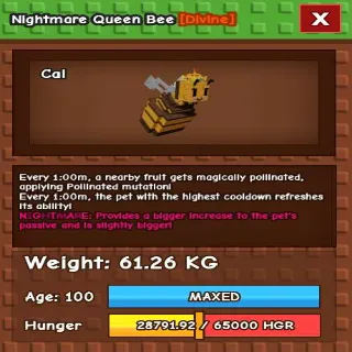 3X NIGHTMARE QUEEN BEE 60KG - GROW A GARDEN