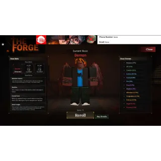 The Forge:Current account Demon Race🪽Lv.1 Reroll:15🟢the acc is No phone or any email 🟢