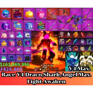 Blox Fruit 🐲Race V4 Max. Draco,Shark,Angel🔥Sanguine art+Shark Anchor+Dragon Heart+Dragon Strom Lv:2800 Max