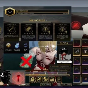 ✅Attack on Titan Revolution Lv.200(Max Yeage ,Ackermen (Attack serum x1) (Female Serum x1)Artifacts+(Scarf) +(Scars)Perks