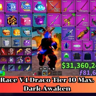 ✅Blox Fruit 🐲Draco V4 Full Tier Max.🔥Sanguine art+Shark Anchor+Dragon Heart+Dragon Strom Lv:2800 Max. | Unverified Account