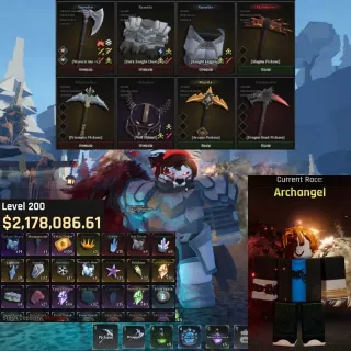 The Forge⚔️ | Lv.200 | $2.1M | Race Archangel | ⛏️Pickaxe:Prismatic,Dragon Head,Arcane,Magma | Weapon:Snowite