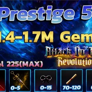 💎AOTR 1-4M - 1.7M-Gems Account | Gold: 100M-500M | Prestige: 5| Thunder Spear:✅ | Serum: 0-5 ✅ | Unverified ✅