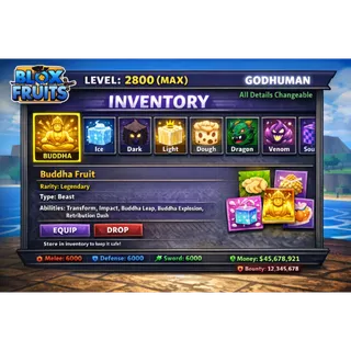 ⛔[Blox Fruits] Buddha Fruit In Inventory | LVL 2800 | GODHUMAN | All Details Changeable