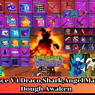 Blox Fruit 🐲Race V4 Max. Draco,Shark,Angel🔥Sanguine art+Shark Anchor+Dragon Heart+Dragon Strom Lv..
