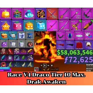Blox Fruit 🐲Draco V4 Full Tier Max.🔥Sanguine art+Dragon Heart+Dragon Strom Lv:2800 Max. | Unverified Account