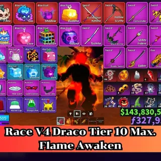 Blox Fruit 🐲Draco V4 Full Tier Max.🔥Sanguine art+Dragon Heart+Dragon Strom Lv:2800 Max. | Unverified Account