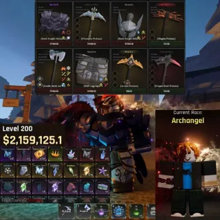 The Forge⚔️ | Lv.200 | $2.1M | Race Archangel | ⛏️Pickaxe:Prismatic,Dragon Head,Arcane,Magma | Weapon:Snowite
