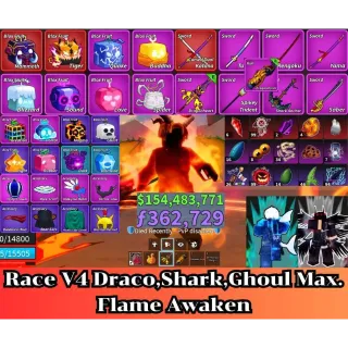 Blox Fruit 🐲Race V4 Max. Draco,Shark,Ghoul🔥Sanguine art+Shark Anchor+Dragon Heart+Dragon Strom Lv:2800 Max