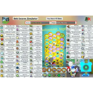 ⭕Bee Swarm Simulator 13🐝| LV.11-12 |⭐SSA 4/5 | 🐝45 Bees| -Diamond Mask -Petal Belt -Beekeeper's Boots+++++
