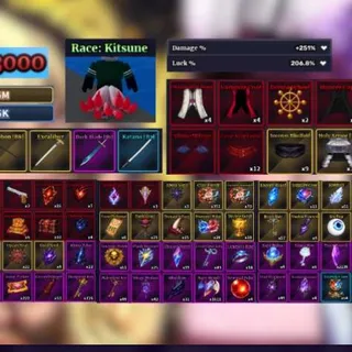 [ Sailor Piece ] Account Lv.13000 MAX Kitsune + Damage 251% + Luck 206% | Mythic ( Weapon , Accessory ) | Money , Sword , Melee