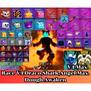 ⭕Blox Fruit 🐲Race V4 Max. Draco,Shark,Angel🔥Sanguine art+Shark Anchor+Dragon Heart+Dragon Strom Lv:2800 Max.