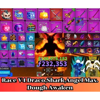 ⭕Blox Fruit 🐲Race V4 Max. Draco,Shark,Angel🔥Sanguine art+Shark Anchor+Dragon Heart+Dragon Strom Lv:2800 Max.