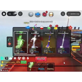 [Fish It 🐟 Level 280] Ghostfinn Rod + Ares Rod + Astral Rod + Corrupt Bait + Dark Matter Bait 🐟 Random Item| Unverified Account