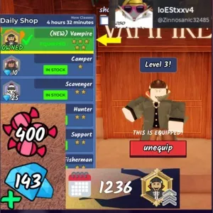 99 Nights in the Forest | Classes Vampire Lv.3 | Gems 143 | Candy 400 | Unverified Account