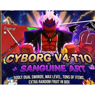 ⭕Blox Fruits - Level 2800 CYBORG V4 T10 + SANGUINE ART - GODLY DUAL SWORDS, MAX LEVEL, TONS OF ITEMS, EXTRA RANDOM FRUIT IN BOX