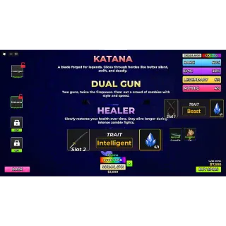 Hunty Zombie | Mythic Katana (Trait Intelligent) + Dual gun (Trait Beast) + Healer | Account | Instant Delivery | Huntyzombie