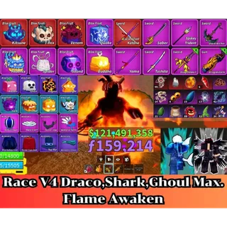 ⭕Blox Fruit 🐲Race V4 Max. Draco,Shark,Ghoul🔥Sanguine art+Shark Anchor+Dragon Heart+Dragon Strom Lv:2800 Max.