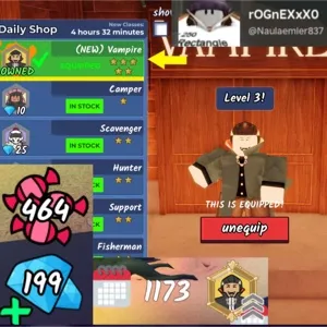 99 Nights in the Forest | Classes Vampire Lv.3 | Gems 199 | Candy 494 | Unverified Account