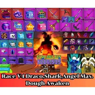 ⭕Blox Fruit 🐲Race V4 Max. Draco,Shark,Angel🔥Sanguine art+Shark Anchor+Dragon Heart+Dragon Strom Lv:2800 Max. 