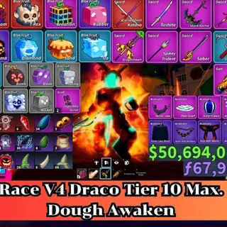 ✅Blox Fruit 🐲Draco V4 Full Tier Max.🔥Sanguine art+Shark Anchor+Dragon Heart+Dragon Strom Lv:2800 Max. | Unverified Account