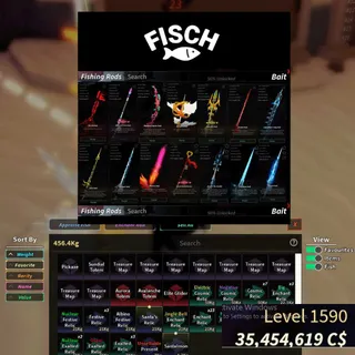 ⛔🎅Fisch15_ 004/ Lvl 1500 Max / Luminescent Oath Ethereal Prism Rod + Seraphic Rod and (55%-60) Rod ✅ Unverified Account!! /