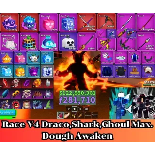  Blox Fruit 🐲Race V4 Max. Draco,Shark,Ghoul🔥Sanguine art+Shark Anchor+Dragon Heart+Dragon Strom Lv:2800 Max