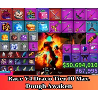 Blox Fruit 🐲Draco V4 Full Tier Max.🔥Sanguine art+Shark Anchor+Dragon Heart+Dragon Strom Lv:2800 Max. | Unverified Account 