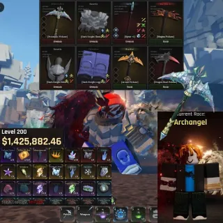 The Forge⚔️ | Lv.200 | $1.4M | Race Archangel | ⛏️Pickaxe:Prismatic,Dragon Head,Arcane,Magma | Weapon:Iceite