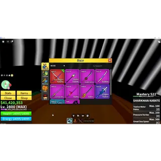 ⭕Blox Fruit| Lv 2800| Shark V4| 3 Myth Fruits (Gravity,Dough,Gas) + Cursed Dual Katana + Sharkman Karate + 64k Esse