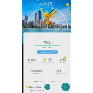SHINY ZAPDOS XXS LEVEL 50 CHICAGO BACKGROUND( TRADE 1M STARDUST SAME PRICE) FAST DELIVERY READ DESCRIPTION