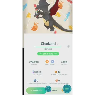 SHINY CHARIZARD WEARING FRIEDE'S GOGGLE CELEBRATION 2026 BACKGROUND( TRADE 20K STARDUST) FAST DELIVERY READ DESCRIPTION