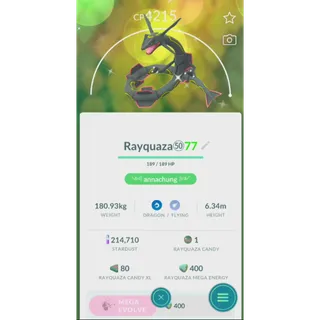 Shiny Rayquaza level 50+ 3skills no ascent( trade 20k or 1m stardust same price)| fast delivery read description