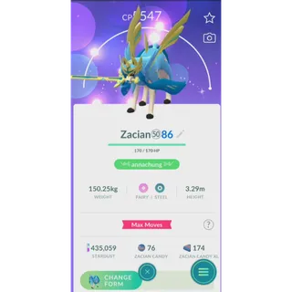 Shiny zacian crowned level 50+3 skill( trade 20k or 1m stardust same price)| fast delivery read description