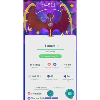 TRADE SHINY LUNALA LEVEL 50+ 3 SKILLS NON BACKGROUND( TRADE 20K OR 1M STARDUST SAME PRICE)| FAST DELIVERY READ DESCRIPTION