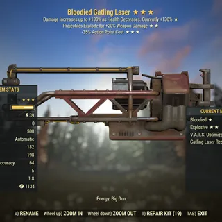 Missing Parts | LVL 50 | Gatling Laser | ★ Bloodied ★★ Explosive ★★★ V.A.T.S. Optimized |