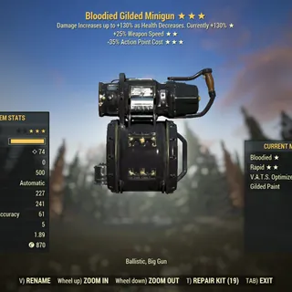 Missing Parts | LVL 50 | Gilded Minigun | ★ Bloodied ★★ Rapid ★★★ V.A.T.S. Optimized |
