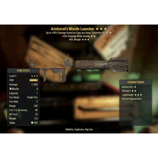 Rare Weapon | LVL 1 | Missing Parts | Missile Launcher | ★ Aristocrat's ★★ Hitmans ★★★ Lightweight |