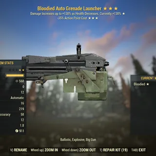 Missing Parts | LVL 50 | Auto Grenade Launcher | ★ Bloodied ★★★ V.A.T.S. Optimized |